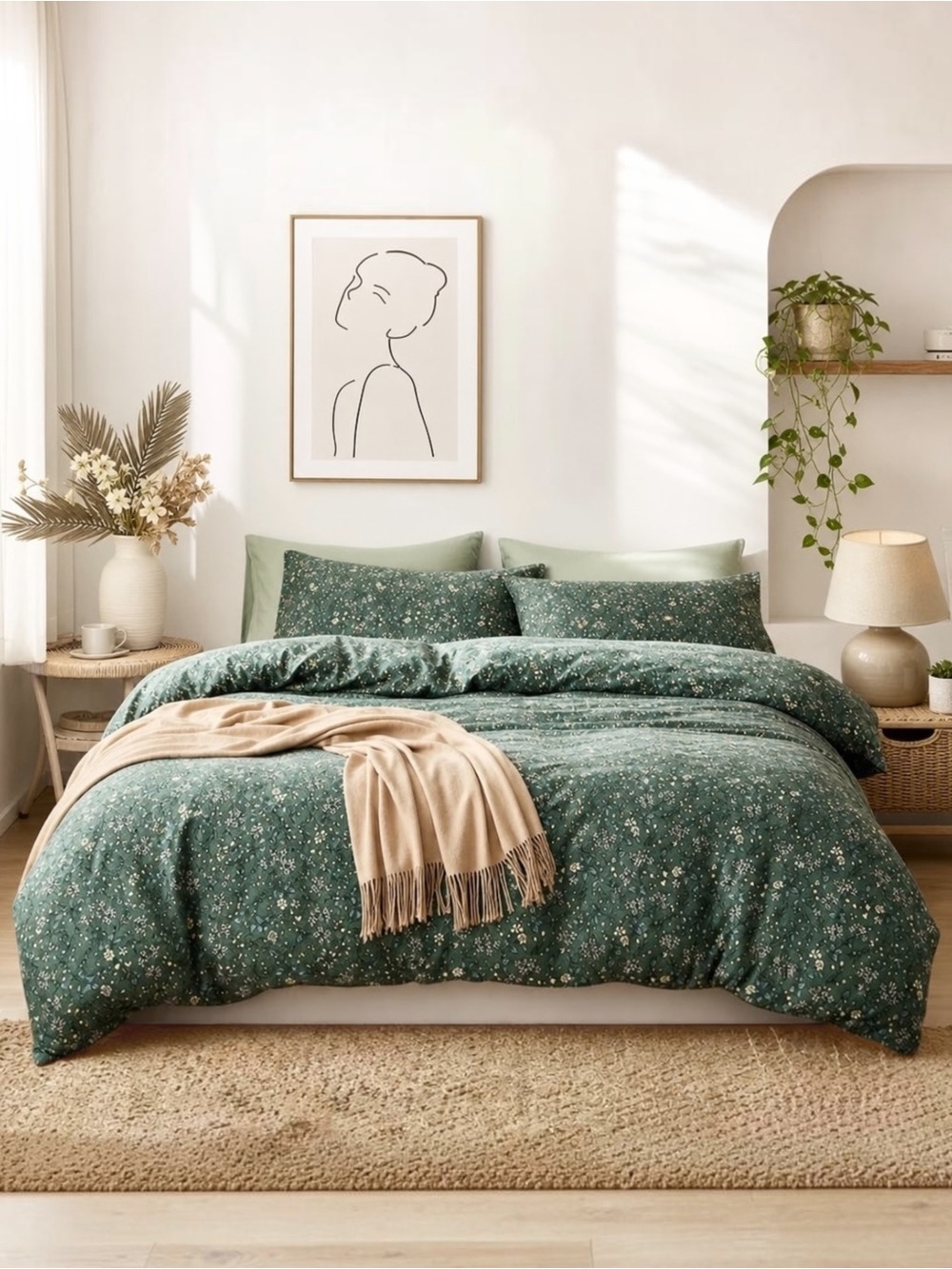 NEW Anthro Green Vintage Style Cotton Queen King Cotton Bedding Duvet & Sham Set